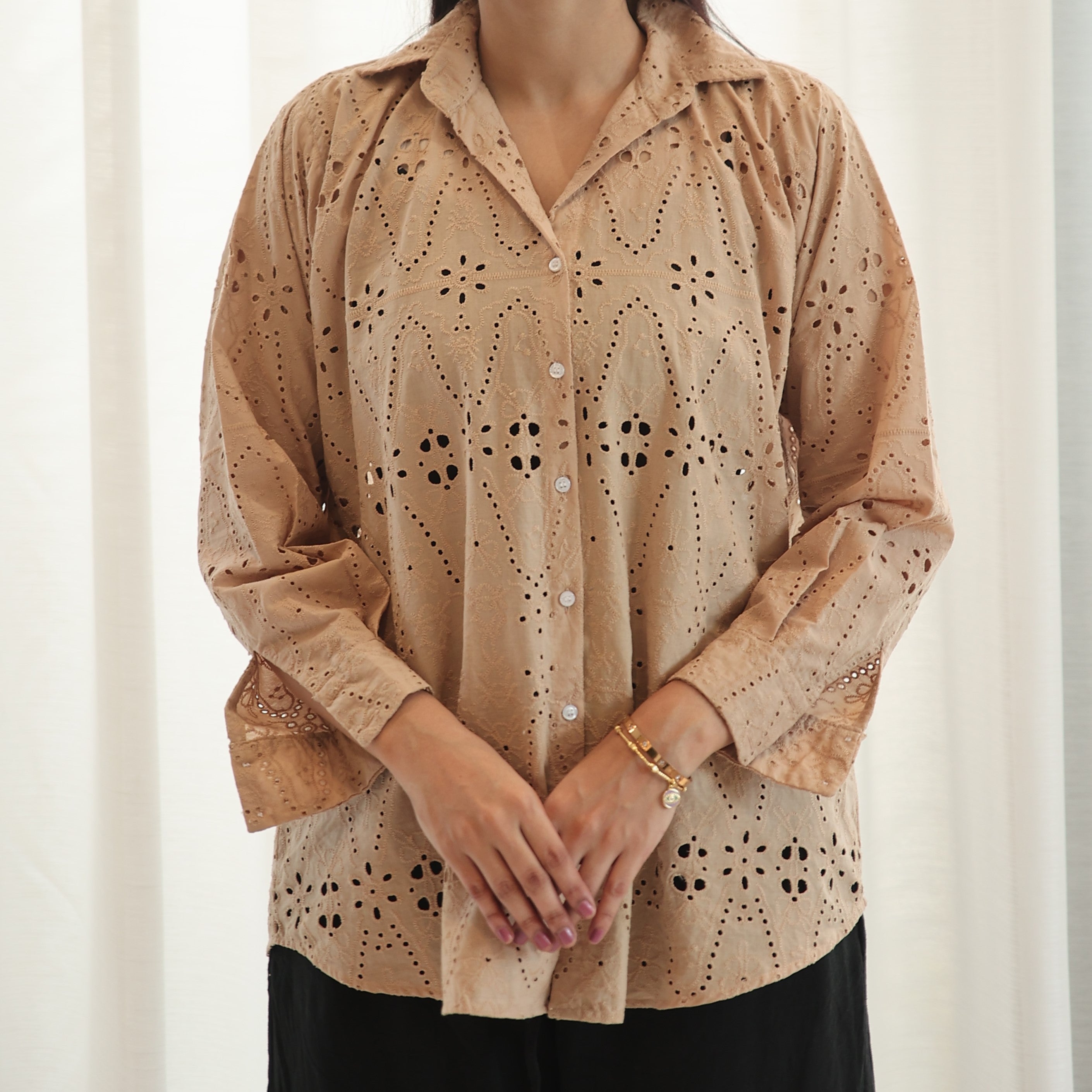 BEIGE CHIKAN KARI BUTTON DOWN SHIRT